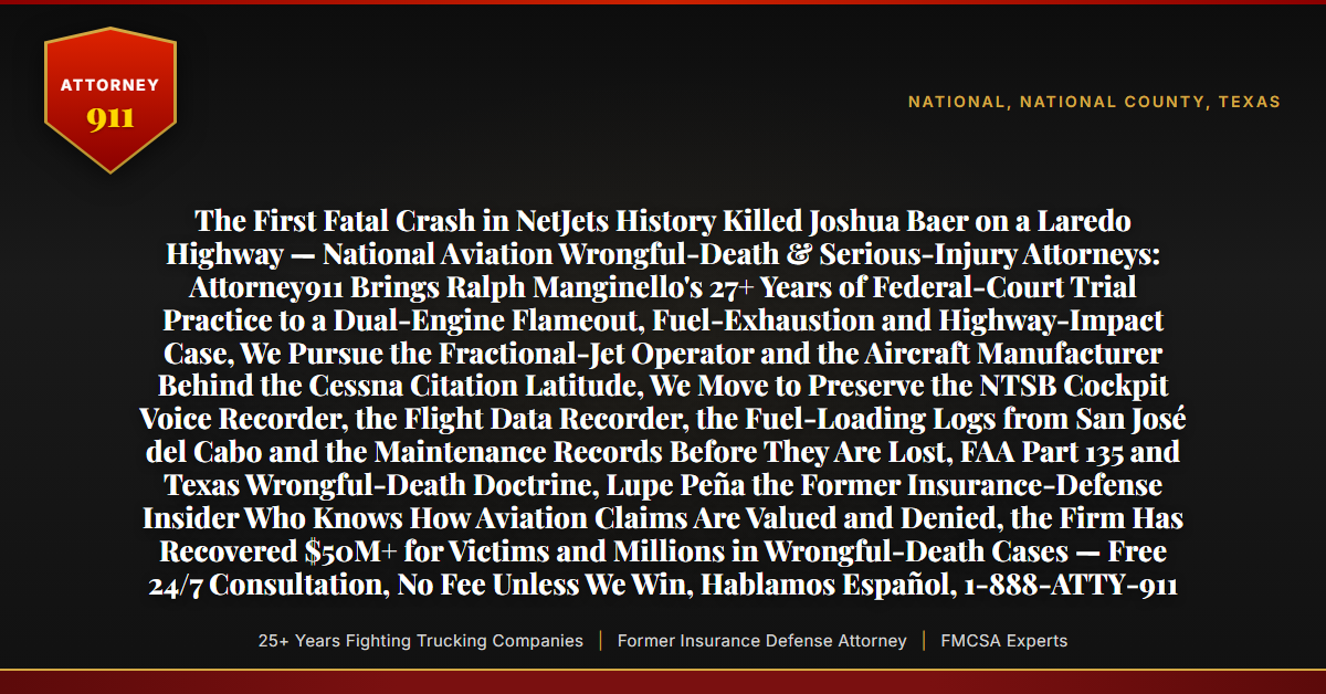 The First Fatal Crash in NetJets History Killed Joshua Baer on a Laredo Highway — National Aviation Wrongful-Death & Serious-Injury Attorneys: Attorney911 Brings Ralph Manginello's 27+ Years of Federal-Court Trial Practice to a Dual-Engine Flameout, Fuel-Exhaustion and Highway-Impact Case, We Pursue the Fractional-Jet Operator and the Aircraft Manufacturer Behind the Cessna Citation Latitude, We Move to Preserve the NTSB Cockpit Voice Recorder, the Flight Data Recorder, the Fuel-Loading Logs from San José del Cabo and the Maintenance Records Before They Are Lost, FAA Part 135 and Texas Wrongful-Death Doctrine, Lupe Peña the Former Insurance-Defense Insider Who Knows How Aviation Claims Are Valued and Denied, the Firm Has Recovered $50M+ for Victims and Millions in Wrongful-Death Cases — Free 24/7 Consultation, No Fee Unless We Win, Hablamos Español, 1-888-ATTY-911 - Attorney911