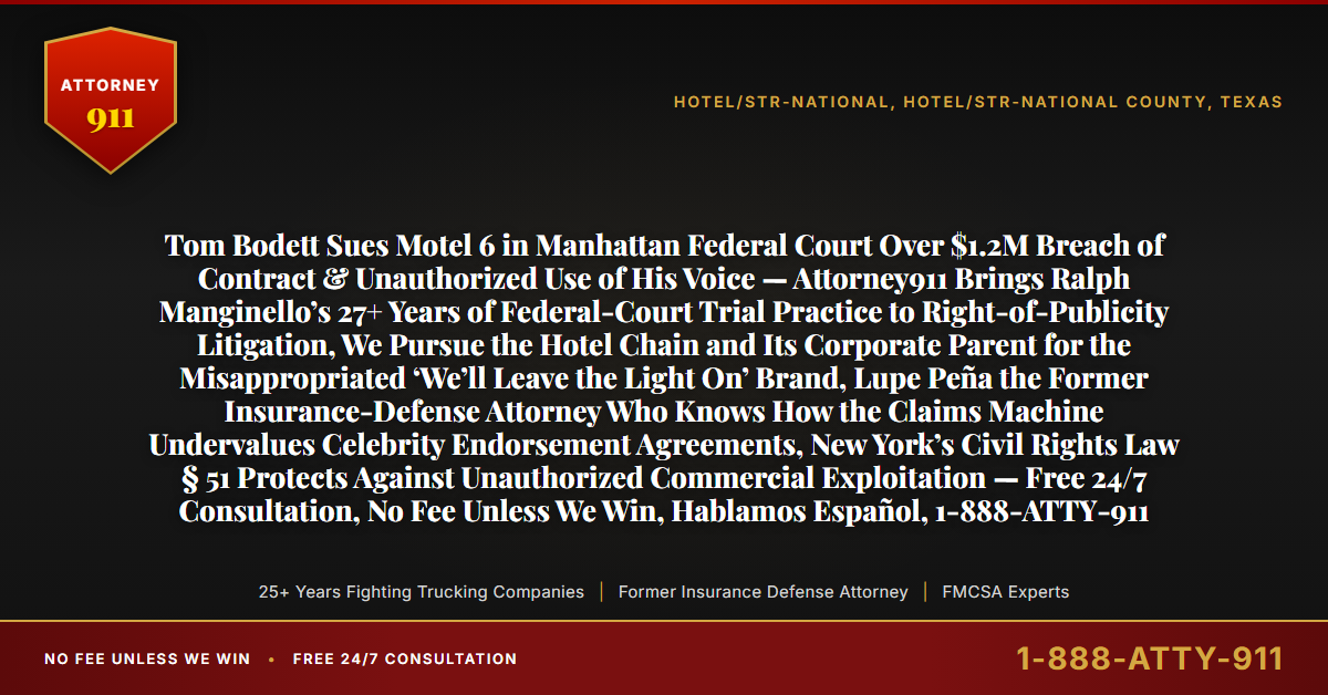 Tom Bodett Sues Motel 6 in Manhattan Federal Court Over $1.2M Breach of Contract & Unauthorized Use of His Voice — Attorney911 Brings Ralph Manginello’s 27+ Years of Federal-Court Trial Practice to Right-of-Publicity Litigation, We Pursue the Hotel Chain and Its Corporate Parent for the Misappropriated ‘We’ll Leave the Light On’ Brand, Lupe Peña the Former Insurance-Defense Attorney Who Knows How the Claims Machine Undervalues Celebrity Endorsement Agreements, New York’s Civil Rights Law § 51 Protects Against Unauthorized Commercial Exploitation — Free 24/7 Consultation, No Fee Unless We Win, Hablamos Español, 1-888-ATTY-911 - Attorney911