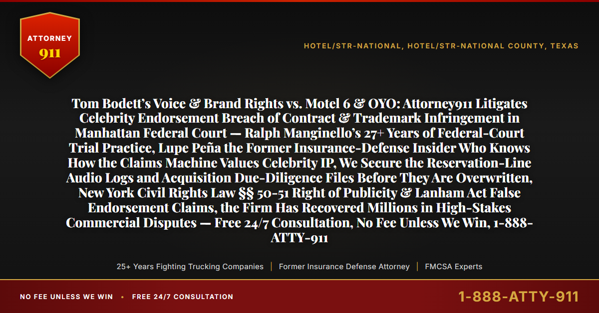 Tom Bodett’s Voice & Brand Rights vs. Motel 6 & OYO: Attorney911 Litigates Celebrity Endorsement Breach of Contract & Trademark Infringement in Manhattan Federal Court — Ralph Manginello’s 27+ Years of Federal-Court Trial Practice, Lupe Peña the Former Insurance-Defense Insider Who Knows How the Claims Machine Values Celebrity IP, We Secure the Reservation-Line Audio Logs and Acquisition Due-Diligence Files Before They Are Overwritten, New York Civil Rights Law §§ 50-51 Right of Publicity & Lanham Act False Endorsement Claims, the Firm Has Recovered Millions in High-Stakes Commercial Disputes — Free 24/7 Consultation, No Fee Unless We Win, 1-888-ATTY-911 - Attorney911