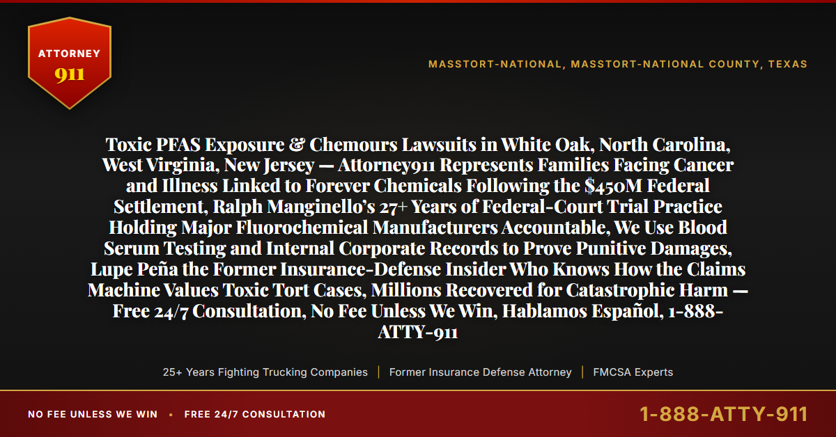 Toxic PFAS Exposure & Chemours Lawsuits in White Oak, North Carolina, West Virginia, New Jersey — Attorney911 Represents Families Facing Cancer and Illness Linked to Forever Chemicals Following the $450M Federal Settlement, Ralph Manginello’s 27+ Years of Federal-Court Trial Practice Holding Major Fluorochemical Manufacturers Accountable, We Use Blood Serum Testing and Internal Corporate Records to Prove Punitive Damages, Lupe Peña the Former Insurance-Defense Insider Who Knows How the Claims Machine Values Toxic Tort Cases, Millions Recovered for Catastrophic Harm — Free 24/7 Consultation, No Fee Unless We Win, Hablamos Español, 1-888-ATTY-911 - Attorney911