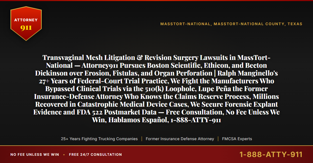 Transvaginal Mesh Litigation & Revision Surgery Lawsuits in MassTort-National — Attorney911 Pursues Boston Scientific, Ethicon, and Becton Dickinson over Erosion, Fistulas, and Organ Perforation | Ralph Manginello's 27+ Years of Federal-Court Trial Practice, We Fight the Manufacturers Who Bypassed Clinical Trials via the 510(k) Loophole, Lupe Peña the Former Insurance-Defense Attorney Who Knows the Claims Reserve Process, Millions Recovered in Catastrophic Medical Device Cases, We Secure Forensic Explant Evidence and FDA 522 Postmarket Data — Free Consultation, No Fee Unless We Win, Hablamos Español, 1-888-ATTY-911 - Attorney911