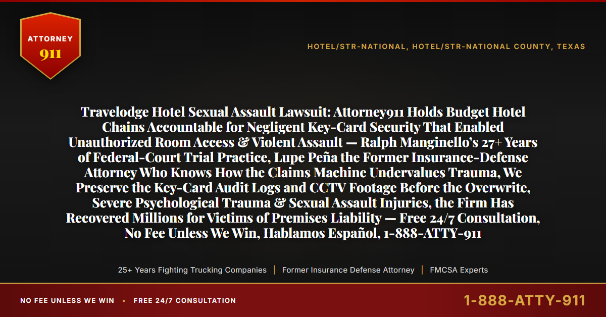 Travelodge Hotel Sexual Assault Lawsuit: Attorney911 Holds Budget Hotel Chains Accountable for Negligent Key-Card Security That Enabled Unauthorized Room Access & Violent Assault — Ralph Manginello’s 27+ Years of Federal-Court Trial Practice, Lupe Peña the Former Insurance-Defense Attorney Who Knows How the Claims Machine Undervalues Trauma, We Preserve the Key-Card Audit Logs and CCTV Footage Before the Overwrite, Severe Psychological Trauma & Sexual Assault Injuries, the Firm Has Recovered Millions for Victims of Premises Liability — Free 24/7 Consultation, No Fee Unless We Win, Hablamos Español, 1-888-ATTY-911 - Attorney911