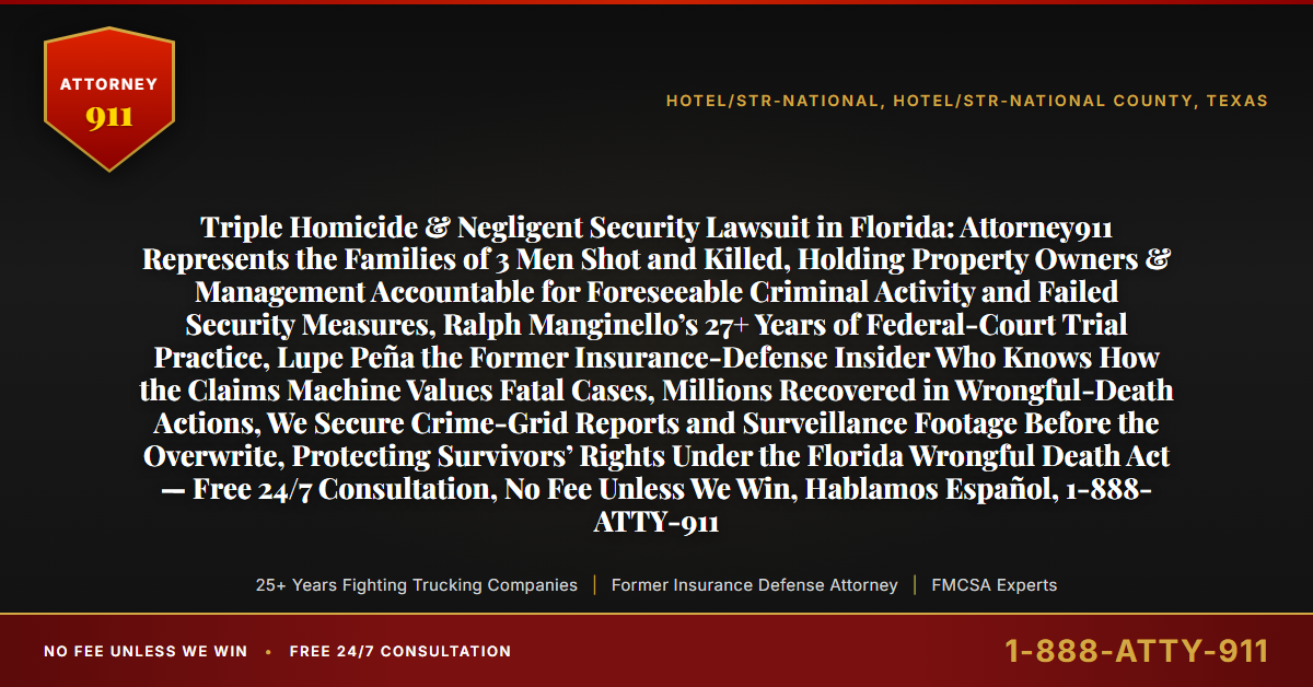 Triple Homicide & Negligent Security Lawsuit in Florida: Attorney911 Represents the Families of 3 Men Shot and Killed, Holding Property Owners & Management Accountable for Foreseeable Criminal Activity and Failed Security Measures, Ralph Manginello’s 27+ Years of Federal-Court Trial Practice, Lupe Peña the Former Insurance-Defense Insider Who Knows How the Claims Machine Values Fatal Cases, Millions Recovered in Wrongful-Death Actions, We Secure Crime-Grid Reports and Surveillance Footage Before the Overwrite, Protecting Survivors’ Rights Under the Florida Wrongful Death Act — Free 24/7 Consultation, No Fee Unless We Win, Hablamos Español, 1-888-ATTY-911 - Attorney911