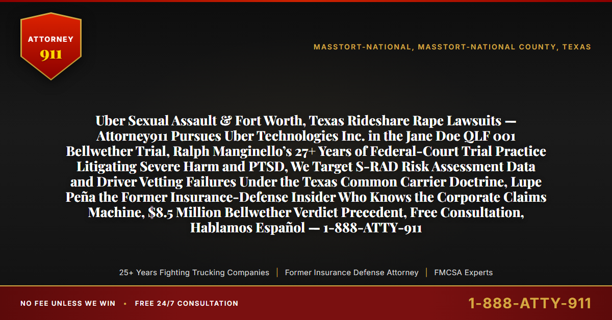 Uber Sexual Assault & Fort Worth, Texas Rideshare Rape Lawsuits — Attorney911 Pursues Uber Technologies Inc. in the Jane Doe QLF 001 Bellwether Trial, Ralph Manginello’s 27+ Years of Federal-Court Trial Practice Litigating Severe Harm and PTSD, We Target S-RAD Risk Assessment Data and Driver Vetting Failures Under the Texas Common Carrier Doctrine, Lupe Peña the Former Insurance-Defense Insider Who Knows the Corporate Claims Machine, $8.5 Million Bellwether Verdict Precedent, Free Consultation, Hablamos Español — 1-888-ATTY-911 - Attorney911