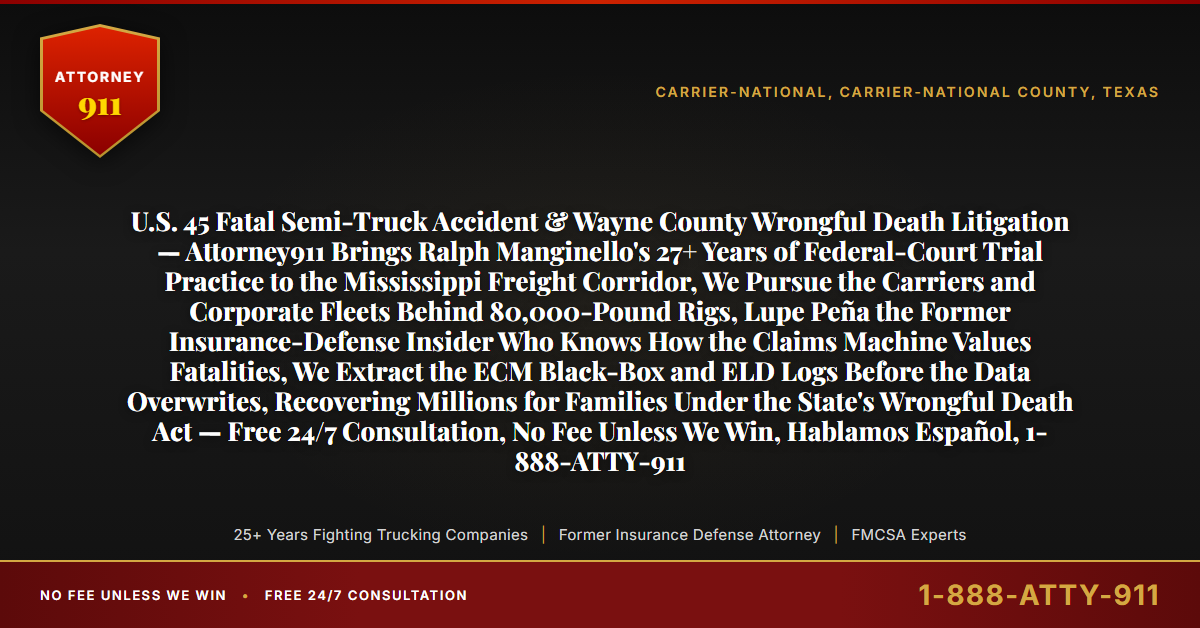 U.S. 45 Fatal Semi-Truck Accident & Wayne County Wrongful Death Litigation — Attorney911 Brings Ralph Manginello's 27+ Years of Federal-Court Trial Practice to the Mississippi Freight Corridor, We Pursue the Carriers and Corporate Fleets Behind 80,000-Pound Rigs, Lupe Peña the Former Insurance-Defense Insider Who Knows How the Claims Machine Values Fatalities, We Extract the ECM Black-Box and ELD Logs Before the Data Overwrites, Recovering Millions for Families Under the State's Wrongful Death Act — Free 24/7 Consultation, No Fee Unless We Win, Hablamos Español, 1-888-ATTY-911 - Attorney911