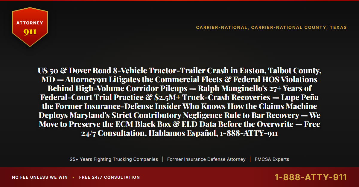 US 50 & Dover Road 8-Vehicle Tractor-Trailer Crash in Easton, Talbot County, MD — Attorney911 Litigates the Commercial Fleets & Federal HOS Violations Behind High-Volume Corridor Pileups — Ralph Manginello's 27+ Years of Federal-Court Trial Practice & $2.5M+ Truck-Crash Recoveries — Lupe Peña the Former Insurance-Defense Insider Who Knows How the Claims Machine Deploys Maryland's Strict Contributory Negligence Rule to Bar Recovery — We Move to Preserve the ECM Black Box & ELD Data Before the Overwrite — Free 24/7 Consultation, Hablamos Español, 1-888-ATTY-911 - Attorney911