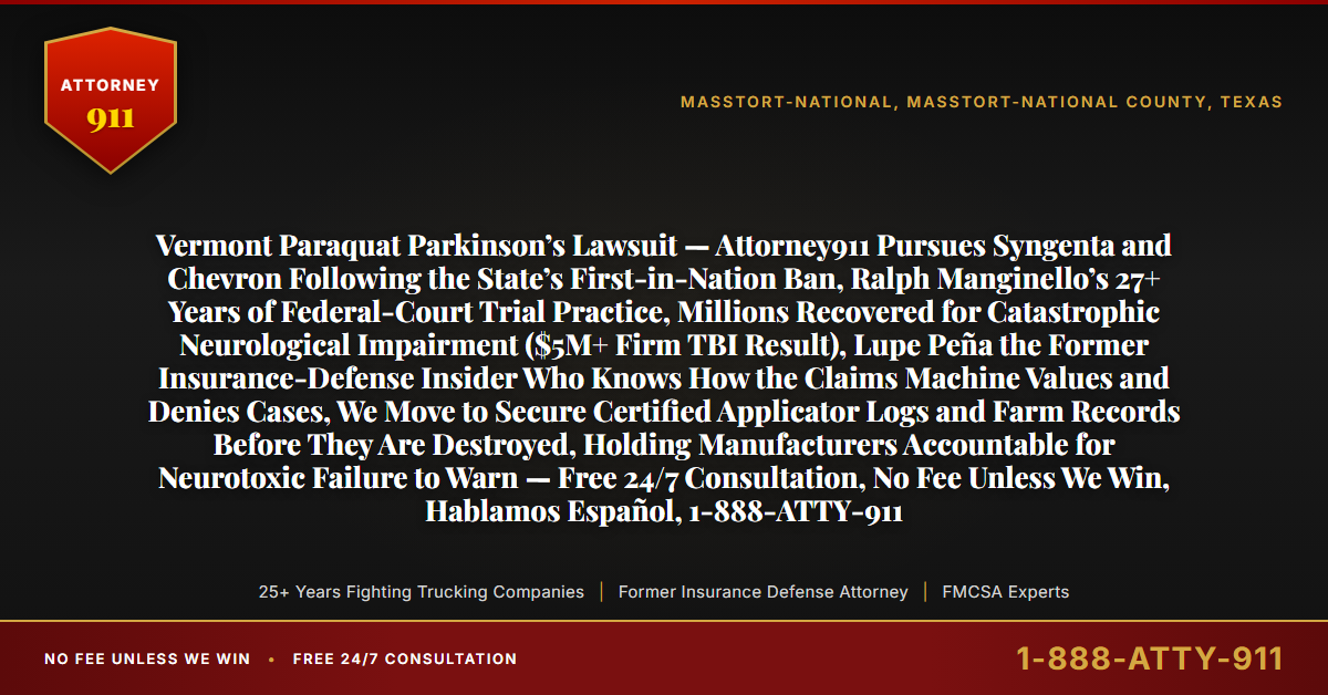 Vermont Paraquat Parkinson’s Lawsuit — Attorney911 Pursues Syngenta and Chevron Following the State’s First-in-Nation Ban, Ralph Manginello’s 27+ Years of Federal-Court Trial Practice, Millions Recovered for Catastrophic Neurological Impairment ($5M+ Firm TBI Result), Lupe Peña the Former Insurance-Defense Insider Who Knows How the Claims Machine Values and Denies Cases, We Move to Secure Certified Applicator Logs and Farm Records Before They Are Destroyed, Holding Manufacturers Accountable for Neurotoxic Failure to Warn — Free 24/7 Consultation, No Fee Unless We Win, Hablamos Español, 1-888-ATTY-911 - Attorney911