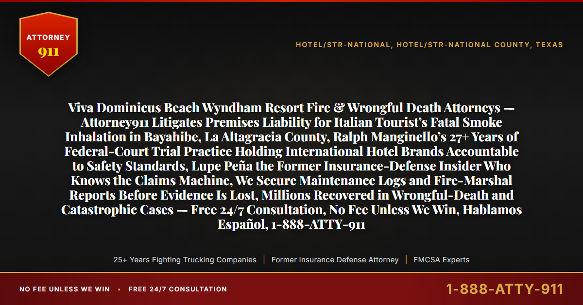 Viva Dominicus Beach Wyndham Resort Fire & Wrongful Death Attorneys — Attorney911 Litigates Premises Liability for Italian Tourist’s Fatal Smoke Inhalation in Bayahibe, La Altagracia County, Ralph Manginello’s 27+ Years of Federal-Court Trial Practice Holding International Hotel Brands Accountable to Safety Standards, Lupe Peña the Former Insurance-Defense Insider Who Knows the Claims Machine, We Secure Maintenance Logs and Fire-Marshal Reports Before Evidence Is Lost, Millions Recovered in Wrongful-Death and Catastrophic Cases — Free 24/7 Consultation, No Fee Unless We Win, Hablamos Español, 1-888-ATTY-911 - Attorney911