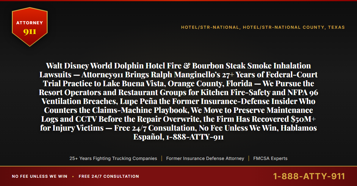 Walt Disney World Dolphin Hotel Fire & Bourbon Steak Smoke Inhalation Lawsuits — Attorney911 Brings Ralph Manginello’s 27+ Years of Federal-Court Trial Practice to Lake Buena Vista, Orange County, Florida — We Pursue the Resort Operators and Restaurant Groups for Kitchen Fire-Safety and NFPA 96 Ventilation Breaches, Lupe Peña the Former Insurance-Defense Insider Who Counters the Claims-Machine Playbook, We Move to Preserve Maintenance Logs and CCTV Before the Repair Overwrite, the Firm Has Recovered $50M+ for Injury Victims — Free 24/7 Consultation, No Fee Unless We Win, Hablamos Español, 1-888-ATTY-911 - Attorney911
