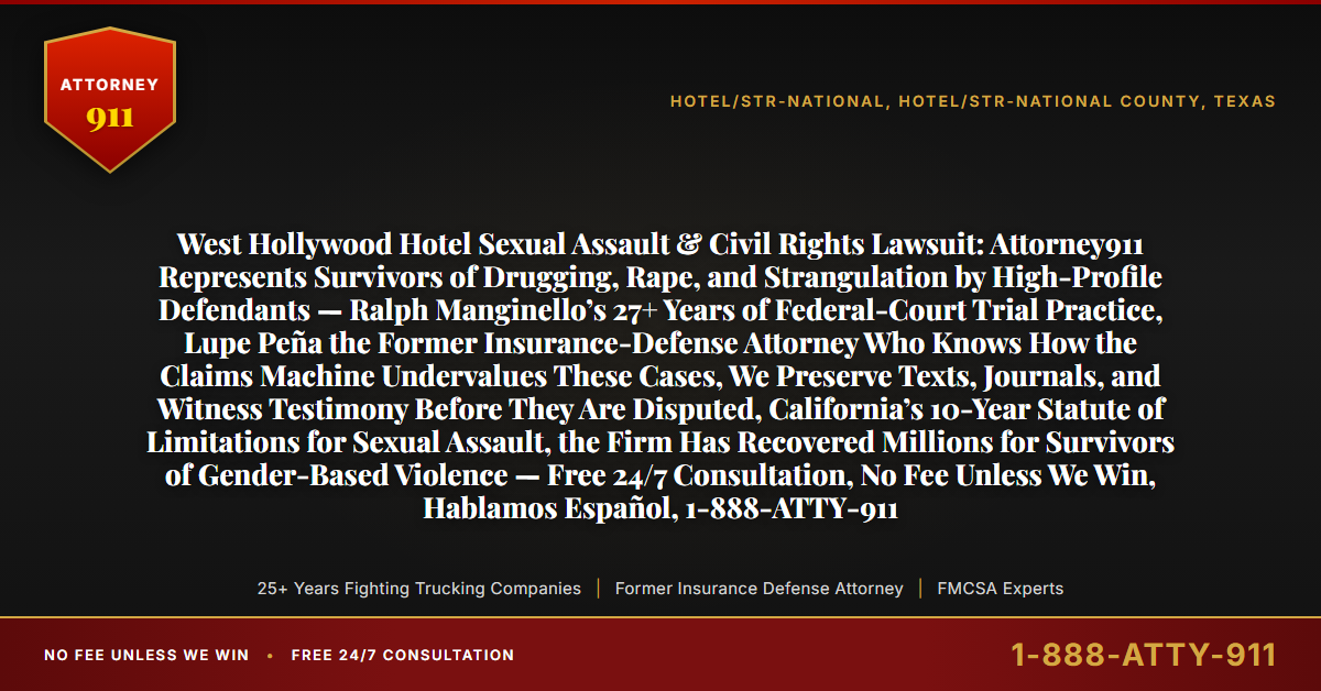 West Hollywood Hotel Sexual Assault & Civil Rights Lawsuit: Attorney911 Represents Survivors of Drugging, Rape, and Strangulation by High-Profile Defendants — Ralph Manginello’s 27+ Years of Federal-Court Trial Practice, Lupe Peña the Former Insurance-Defense Attorney Who Knows How the Claims Machine Undervalues These Cases, We Preserve Texts, Journals, and Witness Testimony Before They Are Disputed, California’s 10-Year Statute of Limitations for Sexual Assault, the Firm Has Recovered Millions for Survivors of Gender-Based Violence — Free 24/7 Consultation, No Fee Unless We Win, Hablamos Español, 1-888-ATTY-911 - Attorney911