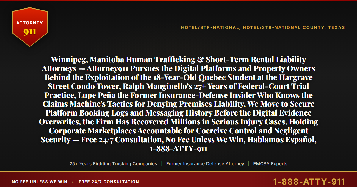 Winnipeg, Manitoba Human Trafficking & Short-Term Rental Liability Attorneys — Attorney911 Pursues the Digital Platforms and Property Owners Behind the Exploitation of the 18-Year-Old Quebec Student at the Hargrave Street Condo Tower, Ralph Manginello’s 27+ Years of Federal-Court Trial Practice, Lupe Peña the Former Insurance-Defense Insider Who Knows the Claims Machine's Tactics for Denying Premises Liability, We Move to Secure Platform Booking Logs and Messaging History Before the Digital Evidence Overwrites, the Firm Has Recovered Millions in Serious Injury Cases, Holding Corporate Marketplaces Accountable for Coercive Control and Negligent Security — Free 24/7 Consultation, No Fee Unless We Win, Hablamos Español, 1-888-ATTY-911 - Attorney911
