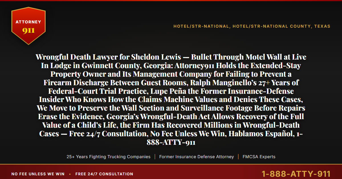 Wrongful Death Lawyer for Sheldon Lewis — Bullet Through Motel Wall at Live In Lodge in Gwinnett County, Georgia: Attorney911 Holds the Extended-Stay Property Owner and Its Management Company for Failing to Prevent a Firearm Discharge Between Guest Rooms, Ralph Manginello’s 27+ Years of Federal-Court Trial Practice, Lupe Peña the Former Insurance-Defense Insider Who Knows How the Claims Machine Values and Denies These Cases, We Move to Preserve the Wall Section and Surveillance Footage Before Repairs Erase the Evidence, Georgia’s Wrongful-Death Act Allows Recovery of the Full Value of a Child’s Life, the Firm Has Recovered Millions in Wrongful-Death Cases — Free 24/7 Consultation, No Fee Unless We Win, Hablamos Español, 1-888-ATTY-911 - Attorney911