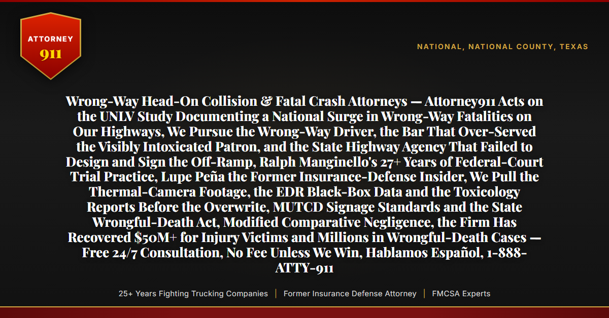 Wrong-Way Head-On Collision & Fatal Crash Attorneys — Attorney911 Acts on the UNLV Study Documenting a National Surge in Wrong-Way Fatalities on Our Highways, We Pursue the Wrong-Way Driver, the Bar That Over-Served the Visibly Intoxicated Patron, and the State Highway Agency That Failed to Design and Sign the Off-Ramp, Ralph Manginello's 27+ Years of Federal-Court Trial Practice, Lupe Peña the Former Insurance-Defense Insider, We Pull the Thermal-Camera Footage, the EDR Black-Box Data and the Toxicology Reports Before the Overwrite, MUTCD Signage Standards and the State Wrongful-Death Act, Modified Comparative Negligence, the Firm Has Recovered $50M+ for Injury Victims and Millions in Wrongful-Death Cases — Free 24/7 Consultation, No Fee Unless We Win, Hablamos Español, 1-888-ATTY-911 - Attorney911