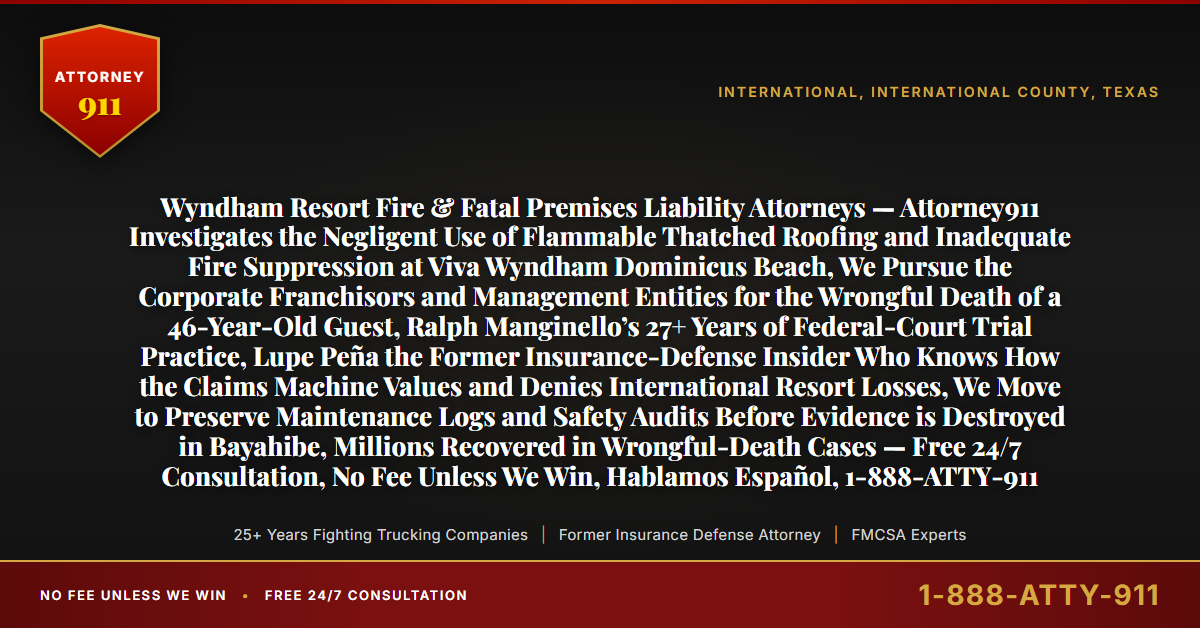 Wyndham Resort Fire & Fatal Premises Liability Attorneys — Attorney911 Investigates the Negligent Use of Flammable Thatched Roofing and Inadequate Fire Suppression at Viva Wyndham Dominicus Beach, We Pursue the Corporate Franchisors and Management Entities for the Wrongful Death of a 46-Year-Old Guest, Ralph Manginello’s 27+ Years of Federal-Court Trial Practice, Lupe Peña the Former Insurance-Defense Insider Who Knows How the Claims Machine Values and Denies International Resort Losses, We Move to Preserve Maintenance Logs and Safety Audits Before Evidence is Destroyed in Bayahibe, Millions Recovered in Wrongful-Death Cases — Free 24/7 Consultation, No Fee Unless We Win, Hablamos Español, 1-888-ATTY-911 - Attorney911