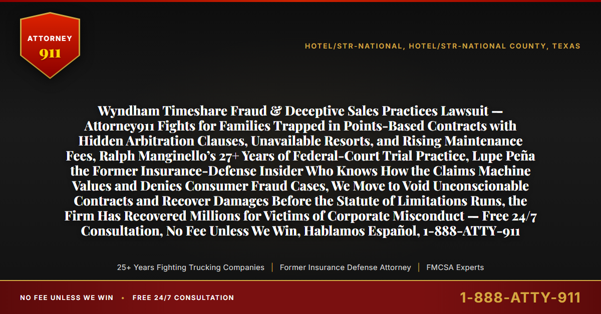 Wyndham Timeshare Fraud & Deceptive Sales Practices Lawsuit — Attorney911 Fights for Families Trapped in Points-Based Contracts with Hidden Arbitration Clauses, Unavailable Resorts, and Rising Maintenance Fees, Ralph Manginello’s 27+ Years of Federal-Court Trial Practice, Lupe Peña the Former Insurance-Defense Insider Who Knows How the Claims Machine Values and Denies Consumer Fraud Cases, We Move to Void Unconscionable Contracts and Recover Damages Before the Statute of Limitations Runs, the Firm Has Recovered Millions for Victims of Corporate Misconduct — Free 24/7 Consultation, No Fee Unless We Win, Hablamos Español, 1-888-ATTY-911 - Attorney911