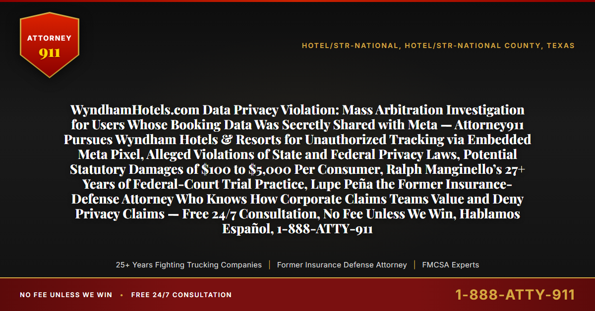 WyndhamHotels.com Data Privacy Violation: Mass Arbitration Investigation for Users Whose Booking Data Was Secretly Shared with Meta — Attorney911 Pursues Wyndham Hotels & Resorts for Unauthorized Tracking via Embedded Meta Pixel, Alleged Violations of State and Federal Privacy Laws, Potential Statutory Damages of $100 to $5,000 Per Consumer, Ralph Manginello’s 27+ Years of Federal-Court Trial Practice, Lupe Peña the Former Insurance-Defense Attorney Who Knows How Corporate Claims Teams Value and Deny Privacy Claims — Free 24/7 Consultation, No Fee Unless We Win, Hablamos Español, 1-888-ATTY-911 - Attorney911