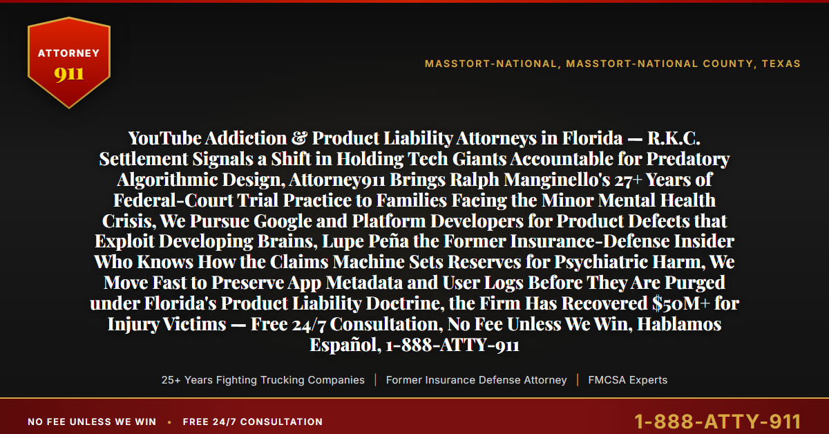 YouTube Addiction & Product Liability Attorneys in Florida — R.K.C. Settlement Signals a Shift in Holding Tech Giants Accountable for Predatory Algorithmic Design, Attorney911 Brings Ralph Manginello's 27+ Years of Federal-Court Trial Practice to Families Facing the Minor Mental Health Crisis, We Pursue Google and Platform Developers for Product Defects that Exploit Developing Brains, Lupe Peña the Former Insurance-Defense Insider Who Knows How the Claims Machine Sets Reserves for Psychiatric Harm, We Move Fast to Preserve App Metadata and User Logs Before They Are Purged under Florida's Product Liability Doctrine, the Firm Has Recovered $50M+ for Injury Victims — Free 24/7 Consultation, No Fee Unless We Win, Hablamos Español, 1-888-ATTY-911 - Attorney911