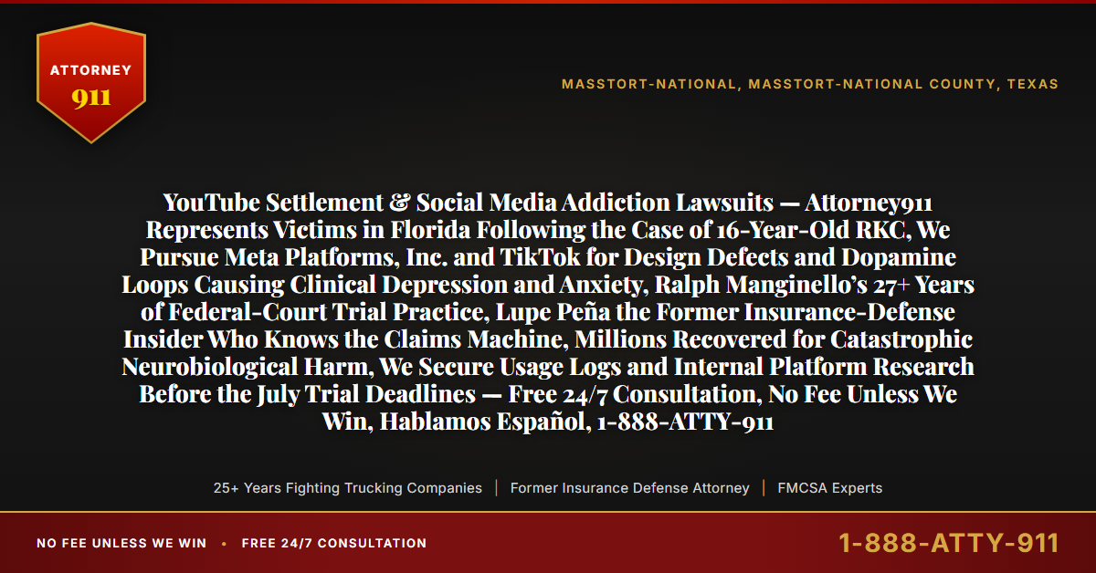 YouTube Settlement & Social Media Addiction Lawsuits — Attorney911 Represents Victims in Florida Following the Case of 16-Year-Old RKC, We Pursue Meta Platforms, Inc. and TikTok for Design Defects and Dopamine Loops Causing Clinical Depression and Anxiety, Ralph Manginello’s 27+ Years of Federal-Court Trial Practice, Lupe Peña the Former Insurance-Defense Insider Who Knows the Claims Machine, Millions Recovered for Catastrophic Neurobiological Harm, We Secure Usage Logs and Internal Platform Research Before the July Trial Deadlines — Free 24/7 Consultation, No Fee Unless We Win, Hablamos Español, 1-888-ATTY-911 - Attorney911