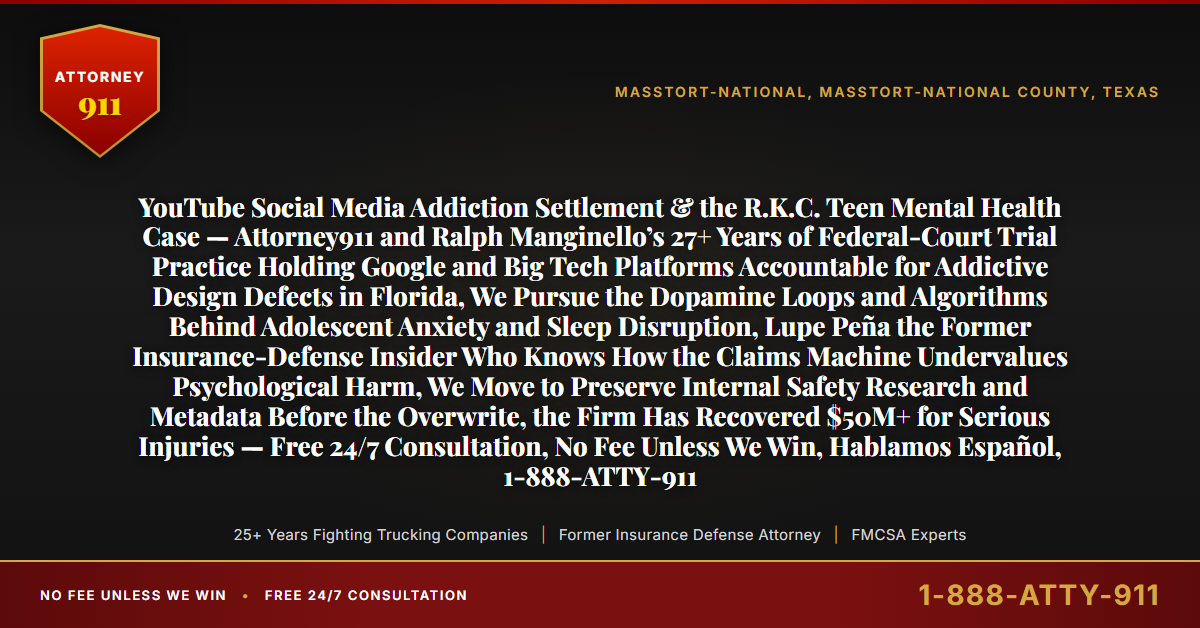 YouTube Social Media Addiction Settlement & the R.K.C. Teen Mental Health Case — Attorney911 and Ralph Manginello’s 27+ Years of Federal-Court Trial Practice Holding Google and Big Tech Platforms Accountable for Addictive Design Defects in Florida, We Pursue the Dopamine Loops and Algorithms Behind Adolescent Anxiety and Sleep Disruption, Lupe Peña the Former Insurance-Defense Insider Who Knows How the Claims Machine Undervalues Psychological Harm, We Move to Preserve Internal Safety Research and Metadata Before the Overwrite, the Firm Has Recovered $50M+ for Serious Injuries — Free 24/7 Consultation, No Fee Unless We Win, Hablamos Español, 1-888-ATTY-911 - Attorney911