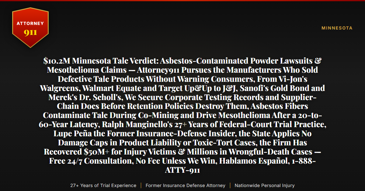 $10.2M Minnesota Talc Verdict: Asbestos-Contaminated Powder Lawsuits & Mesothelioma Claims — Attorney911 Pursues the Manufacturers Who Sold Defective Talc Products Without Warning Consumers, From Vi-Jon's Walgreens, Walmart Equate and Target Up&Up to J&J, Sanofi's Gold Bond and Merck's Dr. Scholl's, We Secure Corporate Testing Records and Supplier-Chain Docs Before Retention Policies Destroy Them, Asbestos Fibers Contaminate Talc During Co-Mining and Drive Mesothelioma After a 20-to-60-Year Latency, Ralph Manginello's 27+ Years of Federal-Court Trial Practice, Lupe Peña the Former Insurance-Defense Insider, the State Applies No Damage Caps in Product Liability or Toxic-Tort Cases, the Firm Has Recovered $50M+ for Injury Victims & Millions in Wrongful-Death Cases — Free 24/7 Consultation, No Fee Unless We Win, Hablamos Español, 1-888-ATTY-911 - Attorney911