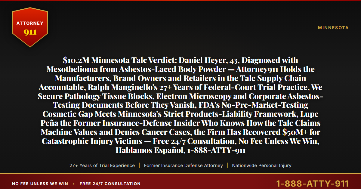 $10.2M Minnesota Talc Verdict: Daniel Heyer, 43, Diagnosed with Mesothelioma from Asbestos-Laced Body Powder — Attorney911 Holds the Manufacturers, Brand Owners and Retailers in the Talc Supply Chain Accountable, Ralph Manginello's 27+ Years of Federal-Court Trial Practice, We Secure Pathology Tissue Blocks, Electron Microscopy and Corporate Asbestos-Testing Documents Before They Vanish, FDA's No-Pre-Market-Testing Cosmetic Gap Meets Minnesota's Strict Products-Liability Framework, Lupe Peña the Former Insurance-Defense Insider Who Knows How the Talc Claims Machine Values and Denies Cancer Cases, the Firm Has Recovered $50M+ for Catastrophic Injury Victims — Free 24/7 Consultation, No Fee Unless We Win, Hablamos Español, 1-888-ATTY-911 - Attorney911