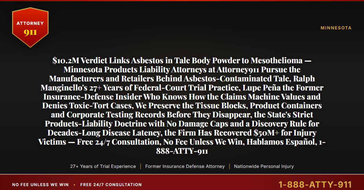$10.2M Verdict Links Asbestos in Talc Body Powder to Mesothelioma — Minnesota Products Liability Attorneys at Attorney911 Pursue the Manufacturers and Retailers Behind Asbestos-Contaminated Talc, Ralph Manginello's 27+ Years of Federal-Court Trial Practice, Lupe Peña the Former Insurance-Defense Insider Who Knows How the Claims Machine Values and Denies Toxic-Tort Cases, We Preserve the Tissue Blocks, Product Containers and Corporate Testing Records Before They Disappear, the State's Strict Products-Liability Doctrine with No Damage Caps and a Discovery Rule for Decades-Long Disease Latency, the Firm Has Recovered $50M+ for Injury Victims — Free 24/7 Consultation, No Fee Unless We Win, Hablamos Español, 1-888-ATTY-911 - Attorney911