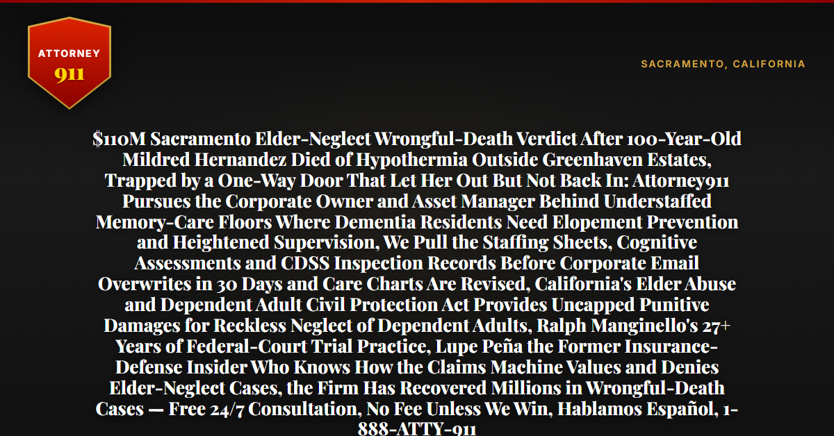 $110M Sacramento Elder-Neglect Wrongful-Death Verdict After 100-Year-Old Mildred Hernandez Died of Hypothermia Outside Greenhaven Estates, Trapped by a One-Way Door That Let Her Out But Not Back In: Attorney911 Pursues the Corporate Owner and Asset Manager Behind Understaffed Memory-Care Floors Where Dementia Residents Need Elopement Prevention and Heightened Supervision, We Pull the Staffing Sheets, Cognitive Assessments and CDSS Inspection Records Before Corporate Email Overwrites in 30 Days and Care Charts Are Revised, California's Elder Abuse and Dependent Adult Civil Protection Act Provides Uncapped Punitive Damages for Reckless Neglect of Dependent Adults, Ralph Manginello's 27+ Years of Federal-Court Trial Practice, Lupe Peña the Former Insurance-Defense Insider Who Knows How the Claims Machine Values and Denies Elder-Neglect Cases, the Firm Has Recovered Millions in Wrongful-Death Cases — Free 24/7 Consultation, No Fee Unless We Win, Hablamos Español, 1-888-ATTY-911 - Attorney911
