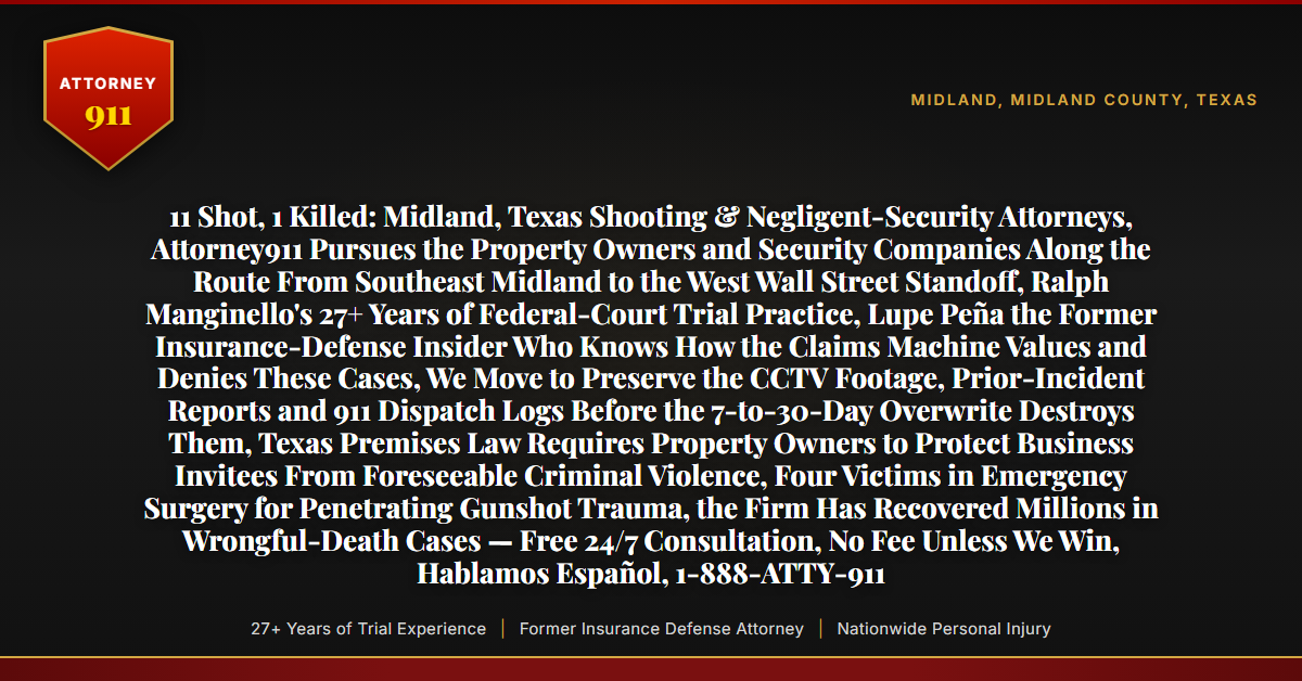 11 Shot, 1 Killed: Midland, Texas Shooting & Negligent-Security Attorneys, Attorney911 Pursues the Property Owners and Security Companies Along the Route From Southeast Midland to the West Wall Street Standoff, Ralph Manginello's 27+ Years of Federal-Court Trial Practice, Lupe Peña the Former Insurance-Defense Insider Who Knows How the Claims Machine Values and Denies These Cases, We Move to Preserve the CCTV Footage, Prior-Incident Reports and 911 Dispatch Logs Before the 7-to-30-Day Overwrite Destroys Them, Texas Premises Law Requires Property Owners to Protect Business Invitees From Foreseeable Criminal Violence, Four Victims in Emergency Surgery for Penetrating Gunshot Trauma, the Firm Has Recovered Millions in Wrongful-Death Cases — Free 24/7 Consultation, No Fee Unless We Win, Hablamos Español, 1-888-ATTY-911 - Attorney911
