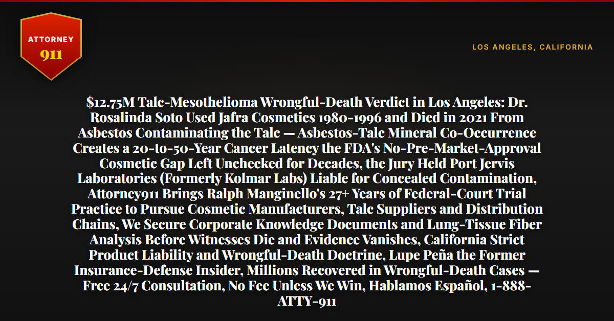$12.75M Talc-Mesothelioma Wrongful-Death Verdict in Los Angeles: Dr. Rosalinda Soto Used Jafra Cosmetics 1980-1996 and Died in 2021 From Asbestos Contaminating the Talc — Asbestos-Talc Mineral Co-Occurrence Creates a 20-to-50-Year Cancer Latency the FDA's No-Pre-Market-Approval Cosmetic Gap Left Unchecked for Decades, the Jury Held Port Jervis Laboratories (Formerly Kolmar Labs) Liable for Concealed Contamination, Attorney911 Brings Ralph Manginello's 27+ Years of Federal-Court Trial Practice to Pursue Cosmetic Manufacturers, Talc Suppliers and Distribution Chains, We Secure Corporate Knowledge Documents and Lung-Tissue Fiber Analysis Before Witnesses Die and Evidence Vanishes, California Strict Product Liability and Wrongful-Death Doctrine, Lupe Peña the Former Insurance-Defense Insider, Millions Recovered in Wrongful-Death Cases — Free 24/7 Consultation, No Fee Unless We Win, Hablamos Español, 1-888-ATTY-911 - Attorney911
