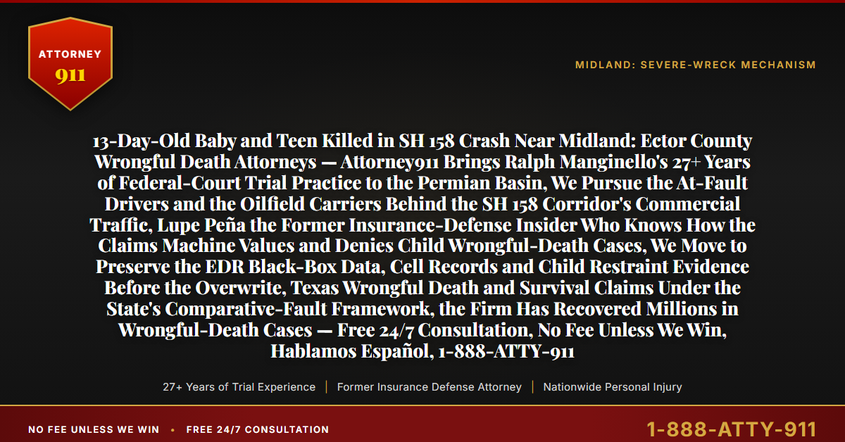 13-Day-Old Baby and Teen Killed in SH 158 Crash Near Midland: Ector County Wrongful Death Attorneys — Attorney911 Brings Ralph Manginello's 27+ Years of Federal-Court Trial Practice to the Permian Basin, We Pursue the At-Fault Drivers and the Oilfield Carriers Behind the SH 158 Corridor's Commercial Traffic, Lupe Peña the Former Insurance-Defense Insider Who Knows How the Claims Machine Values and Denies Child Wrongful-Death Cases, We Move to Preserve the EDR Black-Box Data, Cell Records and Child Restraint Evidence Before the Overwrite, Texas Wrongful Death and Survival Claims Under the State's Comparative-Fault Framework, the Firm Has Recovered Millions in Wrongful-Death Cases — Free 24/7 Consultation, No Fee Unless We Win, Hablamos Español, 1-888-ATTY-911 - Attorney911