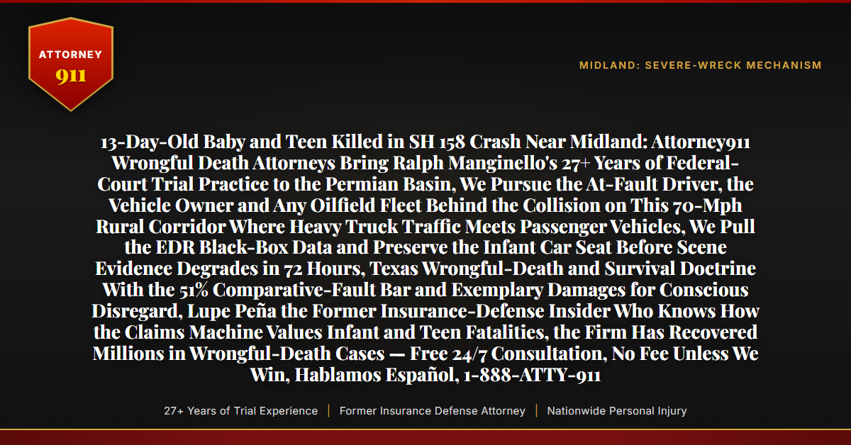 13-Day-Old Baby and Teen Killed in SH 158 Crash Near Midland: Attorney911 Wrongful Death Attorneys Bring Ralph Manginello's 27+ Years of Federal-Court Trial Practice to the Permian Basin, We Pursue the At-Fault Driver, the Vehicle Owner and Any Oilfield Fleet Behind the Collision on This 70-Mph Rural Corridor Where Heavy Truck Traffic Meets Passenger Vehicles, We Pull the EDR Black-Box Data and Preserve the Infant Car Seat Before Scene Evidence Degrades in 72 Hours, Texas Wrongful-Death and Survival Doctrine With the 51% Comparative-Fault Bar and Exemplary Damages for Conscious Disregard, Lupe Peña the Former Insurance-Defense Insider Who Knows How the Claims Machine Values Infant and Teen Fatalities, the Firm Has Recovered Millions in Wrongful-Death Cases — Free 24/7 Consultation, No Fee Unless We Win, Hablamos Español, 1-888-ATTY-911 - Attorney911
