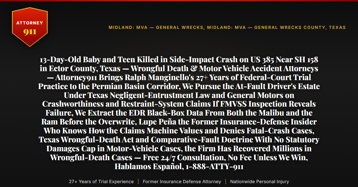 13-Day-Old Baby and Teen Killed in Side-Impact Crash on US 385 Near SH 158 in Ector County, Texas — Wrongful Death & Motor Vehicle Accident Attorneys — Attorney911 Brings Ralph Manginello's 27+ Years of Federal-Court Trial Practice to the Permian Basin Corridor, We Pursue the At-Fault Driver's Estate Under Texas Negligent-Entrustment Law and General Motors on Crashworthiness and Restraint-System Claims If FMVSS Inspection Reveals Failure, We Extract the EDR Black-Box Data From Both the Malibu and the Ram Before the Overwrite, Lupe Peña the Former Insurance-Defense Insider Who Knows How the Claims Machine Values and Denies Fatal-Crash Cases, Texas Wrongful-Death Act and Comparative-Fault Doctrine With No Statutory Damages Cap in Motor-Vehicle Cases, the Firm Has Recovered Millions in Wrongful-Death Cases — Free 24/7 Consultation, No Fee Unless We Win, Hablamos Español, 1-888-ATTY-911 - Attorney911