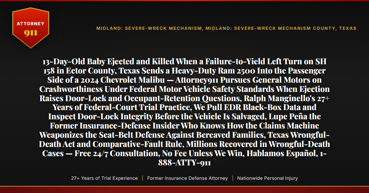 13-Day-Old Baby Ejected and Killed When a Failure-to-Yield Left Turn on SH 158 in Ector County, Texas Sends a Heavy-Duty Ram 2500 Into the Passenger Side of a 2024 Chevrolet Malibu — Attorney911 Pursues General Motors on Crashworthiness Under Federal Motor Vehicle Safety Standards When Ejection Raises Door-Lock and Occupant-Retention Questions, Ralph Manginello's 27+ Years of Federal-Court Trial Practice, We Pull EDR Black-Box Data and Inspect Door-Lock Integrity Before the Vehicle Is Salvaged, Lupe Peña the Former Insurance-Defense Insider Who Knows How the Claims Machine Weaponizes the Seat-Belt Defense Against Bereaved Families, Texas Wrongful-Death Act and Comparative-Fault Rule, Millions Recovered in Wrongful-Death Cases — Free 24/7 Consultation, No Fee Unless We Win, Hablamos Español, 1-888-ATTY-911 - Attorney911