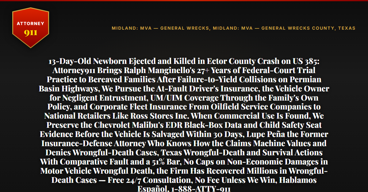 13-Day-Old Newborn Ejected and Killed in Ector County Crash on US 385: Attorney911 Brings Ralph Manginello's 27+ Years of Federal-Court Trial Practice to Bereaved Families After Failure-to-Yield Collisions on Permian Basin Highways, We Pursue the At-Fault Driver's Insurance, the Vehicle Owner for Negligent Entrustment, UM/UIM Coverage Through the Family's Own Policy, and Corporate Fleet Insurance From Oilfield Service Companies to National Retailers Like Ross Stores Inc. When Commercial Use Is Found, We Preserve the Chevrolet Malibu's EDR Black-Box Data and Child Safety Seat Evidence Before the Vehicle Is Salvaged Within 30 Days, Lupe Peña the Former Insurance-Defense Attorney Who Knows How the Claims Machine Values and Denies Wrongful-Death Cases, Texas Wrongful-Death and Survival Actions With Comparative Fault and a 51% Bar, No Caps on Non-Economic Damages in Motor Vehicle Wrongful Death, the Firm Has Recovered Millions in Wrongful-Death Cases — Free 24/7 Consultation, No Fee Unless We Win, Hablamos Español, 1-888-ATTY-911 - Attorney911