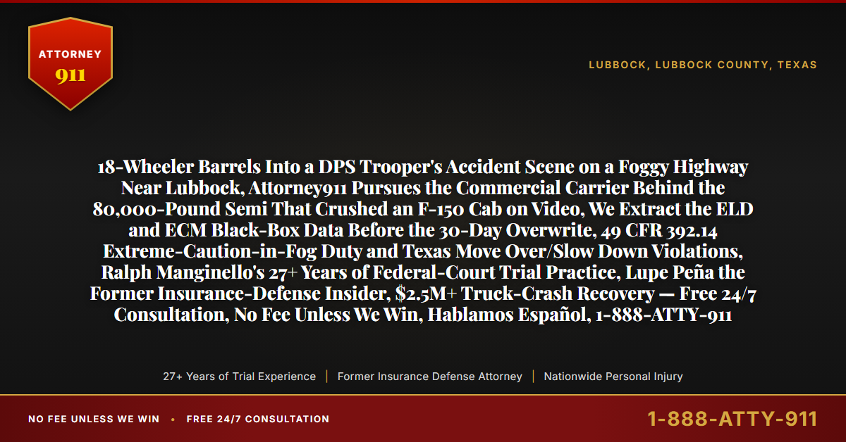 18-Wheeler Barrels Into a DPS Trooper's Accident Scene on a Foggy Highway Near Lubbock, Attorney911 Pursues the Commercial Carrier Behind the 80,000-Pound Semi That Crushed an F-150 Cab on Video, We Extract the ELD and ECM Black-Box Data Before the 30-Day Overwrite, 49 CFR 392.14 Extreme-Caution-in-Fog Duty and Texas Move Over/Slow Down Violations, Ralph Manginello's 27+ Years of Federal-Court Trial Practice, Lupe Peña the Former Insurance-Defense Insider, $2.5M+ Truck-Crash Recovery — Free 24/7 Consultation, No Fee Unless We Win, Hablamos Español, 1-888-ATTY-911 - Attorney911