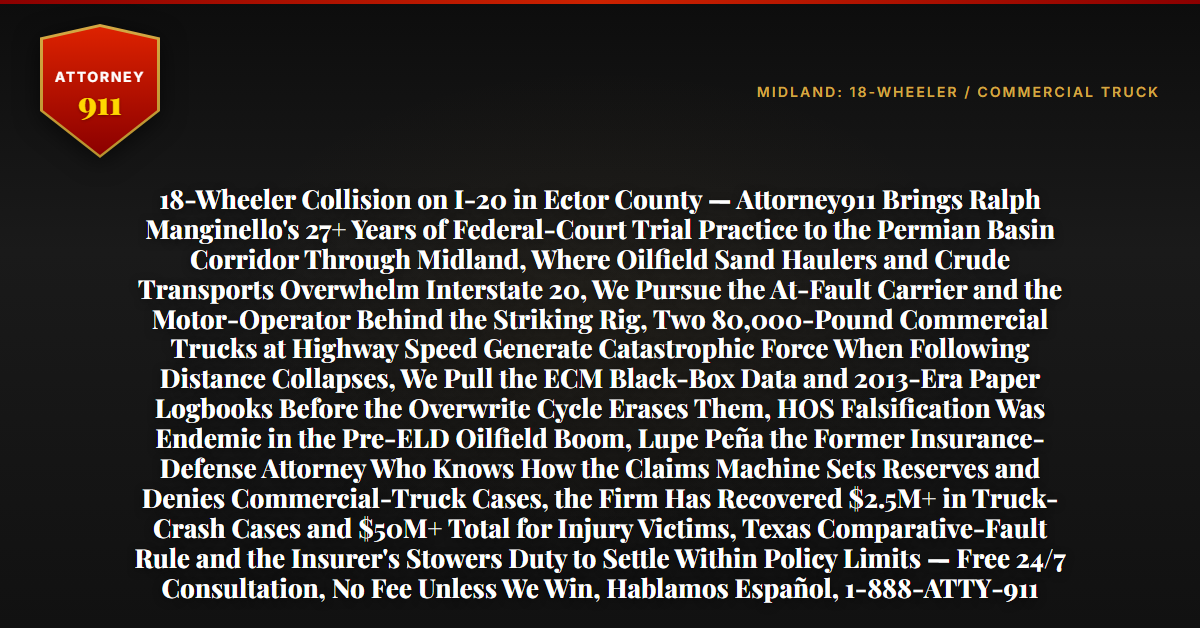 18-Wheeler Collision on I-20 in Ector County — Attorney911 Brings Ralph Manginello's 27+ Years of Federal-Court Trial Practice to the Permian Basin Corridor Through Midland, Where Oilfield Sand Haulers and Crude Transports Overwhelm Interstate 20, We Pursue the At-Fault Carrier and the Motor-Operator Behind the Striking Rig, Two 80,000-Pound Commercial Trucks at Highway Speed Generate Catastrophic Force When Following Distance Collapses, We Pull the ECM Black-Box Data and 2013-Era Paper Logbooks Before the Overwrite Cycle Erases Them, HOS Falsification Was Endemic in the Pre-ELD Oilfield Boom, Lupe Peña the Former Insurance-Defense Attorney Who Knows How the Claims Machine Sets Reserves and Denies Commercial-Truck Cases, the Firm Has Recovered $2.5M+ in Truck-Crash Cases and $50M+ Total for Injury Victims, Texas Comparative-Fault Rule and the Insurer's Stowers Duty to Settle Within Policy Limits — Free 24/7 Consultation, No Fee Unless We Win, Hablamos Español, 1-888-ATTY-911 - Attorney911