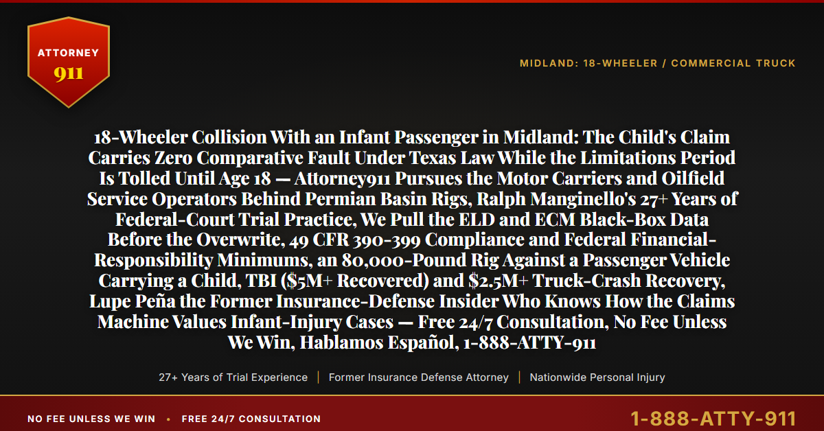 18-Wheeler Collision With an Infant Passenger in Midland: The Child's Claim Carries Zero Comparative Fault Under Texas Law While the Limitations Period Is Tolled Until Age 18 — Attorney911 Pursues the Motor Carriers and Oilfield Service Operators Behind Permian Basin Rigs, Ralph Manginello's 27+ Years of Federal-Court Trial Practice, We Pull the ELD and ECM Black-Box Data Before the Overwrite, 49 CFR 390-399 Compliance and Federal Financial-Responsibility Minimums, an 80,000-Pound Rig Against a Passenger Vehicle Carrying a Child, TBI ($5M+ Recovered) and $2.5M+ Truck-Crash Recovery, Lupe Peña the Former Insurance-Defense Insider Who Knows How the Claims Machine Values Infant-Injury Cases — Free 24/7 Consultation, No Fee Unless We Win, Hablamos Español, 1-888-ATTY-911 - Attorney911