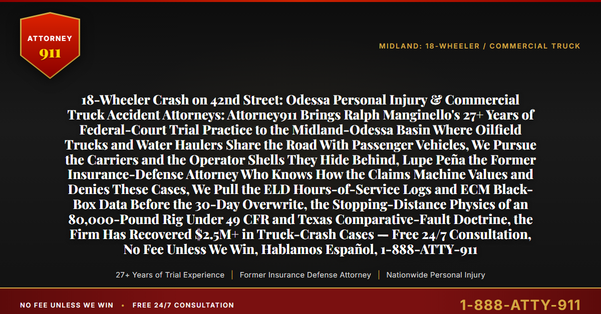 18-Wheeler Crash on 42nd Street: Odessa Personal Injury & Commercial Truck Accident Attorneys: Attorney911 Brings Ralph Manginello's 27+ Years of Federal-Court Trial Practice to the Midland-Odessa Basin Where Oilfield Trucks and Water Haulers Share the Road With Passenger Vehicles, We Pursue the Carriers and the Operator Shells They Hide Behind, Lupe Peña the Former Insurance-Defense Attorney Who Knows How the Claims Machine Values and Denies These Cases, We Pull the ELD Hours-of-Service Logs and ECM Black-Box Data Before the 30-Day Overwrite, the Stopping-Distance Physics of an 80,000-Pound Rig Under 49 CFR and Texas Comparative-Fault Doctrine, the Firm Has Recovered $2.5M+ in Truck-Crash Cases — Free 24/7 Consultation, No Fee Unless We Win, Hablamos Español, 1-888-ATTY-911 - Attorney911