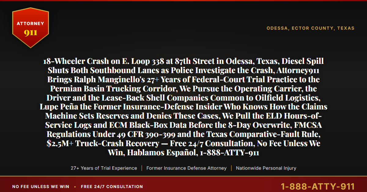 18-Wheeler Crash on E. Loop 338 at 87th Street in Odessa, Texas, Diesel Spill Shuts Both Southbound Lanes as Police Investigate the Crash, Attorney911 Brings Ralph Manginello's 27+ Years of Federal-Court Trial Practice to the Permian Basin Trucking Corridor, We Pursue the Operating Carrier, the Driver and the Lease-Back Shell Companies Common to Oilfield Logistics, Lupe Peña the Former Insurance-Defense Insider Who Knows How the Claims Machine Sets Reserves and Denies These Cases, We Pull the ELD Hours-of-Service Logs and ECM Black-Box Data Before the 8-Day Overwrite, FMCSA Regulations Under 49 CFR 390-399 and the Texas Comparative-Fault Rule, $2.5M+ Truck-Crash Recovery — Free 24/7 Consultation, No Fee Unless We Win, Hablamos Español, 1-888-ATTY-911 - Attorney911