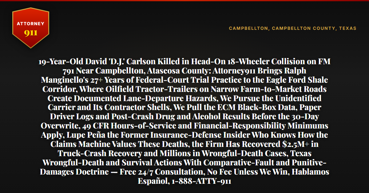 19-Year-Old David 'D.J.' Carlson Killed in Head-On 18-Wheeler Collision on FM 791 Near Campbellton, Atascosa County: Attorney911 Brings Ralph Manginello's 27+ Years of Federal-Court Trial Practice to the Eagle Ford Shale Corridor, Where Oilfield Tractor-Trailers on Narrow Farm-to-Market Roads Create Documented Lane-Departure Hazards, We Pursue the Unidentified Carrier and Its Contractor Shells, We Pull the ECM Black-Box Data, Paper Driver Logs and Post-Crash Drug and Alcohol Results Before the 30-Day Overwrite, 49 CFR Hours-of-Service and Financial-Responsibility Minimums Apply, Lupe Peña the Former Insurance-Defense Insider Who Knows How the Claims Machine Values These Deaths, the Firm Has Recovered $2.5M+ in Truck-Crash Recovery and Millions in Wrongful-Death Cases, Texas Wrongful-Death and Survival Actions With Comparative-Fault and Punitive-Damages Doctrine — Free 24/7 Consultation, No Fee Unless We Win, Hablamos Español, 1-888-ATTY-911 - Attorney911