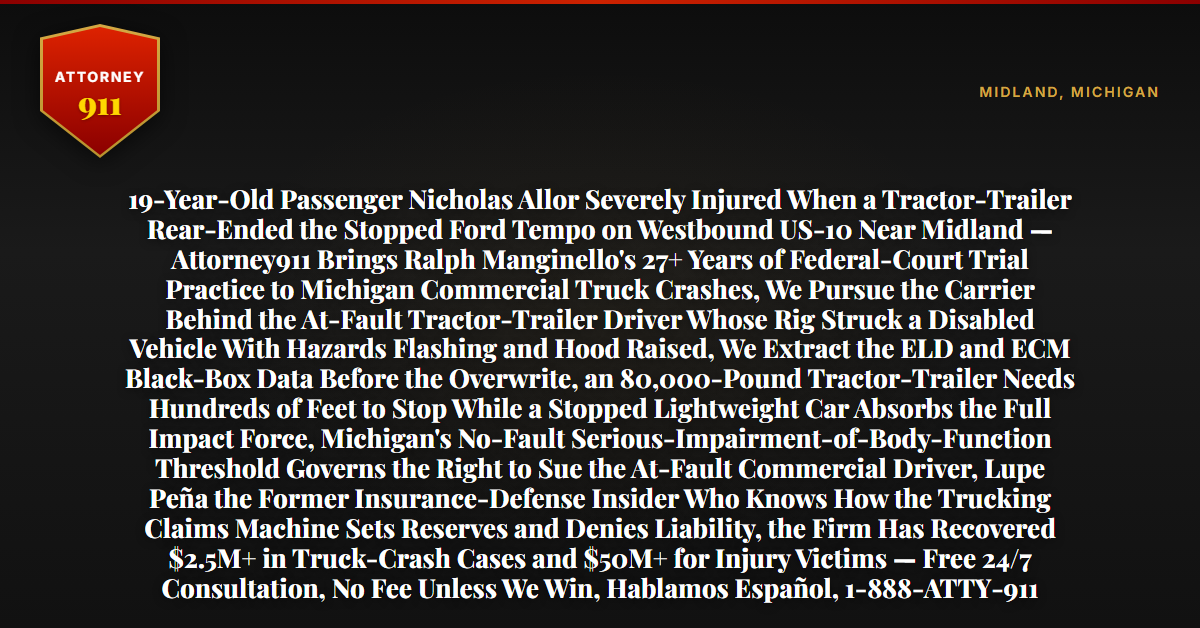 19-Year-Old Passenger Nicholas Allor Severely Injured When a Tractor-Trailer Rear-Ended the Stopped Ford Tempo on Westbound US-10 Near Midland — Attorney911 Brings Ralph Manginello's 27+ Years of Federal-Court Trial Practice to Michigan Commercial Truck Crashes, We Pursue the Carrier Behind the At-Fault Tractor-Trailer Driver Whose Rig Struck a Disabled Vehicle With Hazards Flashing and Hood Raised, We Extract the ELD and ECM Black-Box Data Before the Overwrite, an 80,000-Pound Tractor-Trailer Needs Hundreds of Feet to Stop While a Stopped Lightweight Car Absorbs the Full Impact Force, Michigan's No-Fault Serious-Impairment-of-Body-Function Threshold Governs the Right to Sue the At-Fault Commercial Driver, Lupe Peña the Former Insurance-Defense Insider Who Knows How the Trucking Claims Machine Sets Reserves and Denies Liability, the Firm Has Recovered $2.5M+ in Truck-Crash Cases and $50M+ for Injury Victims — Free 24/7 Consultation, No Fee Unless We Win, Hablamos Español, 1-888-ATTY-911 - Attorney911