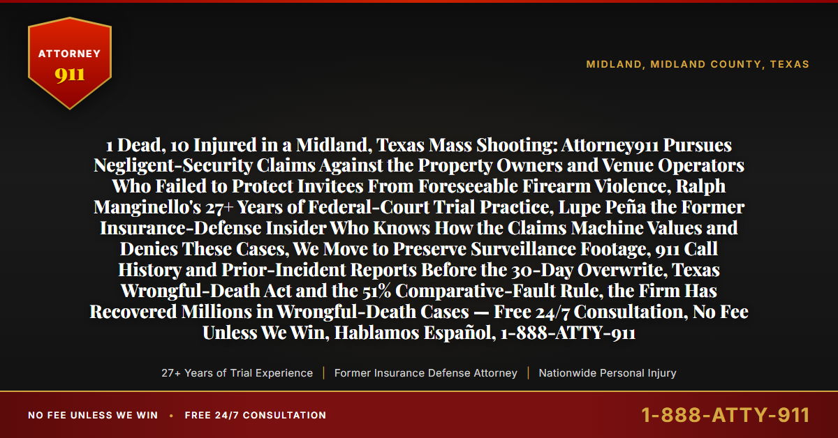 1 Dead, 10 Injured in a Midland, Texas Mass Shooting: Attorney911 Pursues Negligent-Security Claims Against the Property Owners and Venue Operators Who Failed to Protect Invitees From Foreseeable Firearm Violence, Ralph Manginello's 27+ Years of Federal-Court Trial Practice, Lupe Peña the Former Insurance-Defense Insider Who Knows How the Claims Machine Values and Denies These Cases, We Move to Preserve Surveillance Footage, 911 Call History and Prior-Incident Reports Before the 30-Day Overwrite, Texas Wrongful-Death Act and the 51% Comparative-Fault Rule, the Firm Has Recovered Millions in Wrongful-Death Cases — Free 24/7 Consultation, No Fee Unless We Win, Hablamos Español, 1-888-ATTY-911 - Attorney911