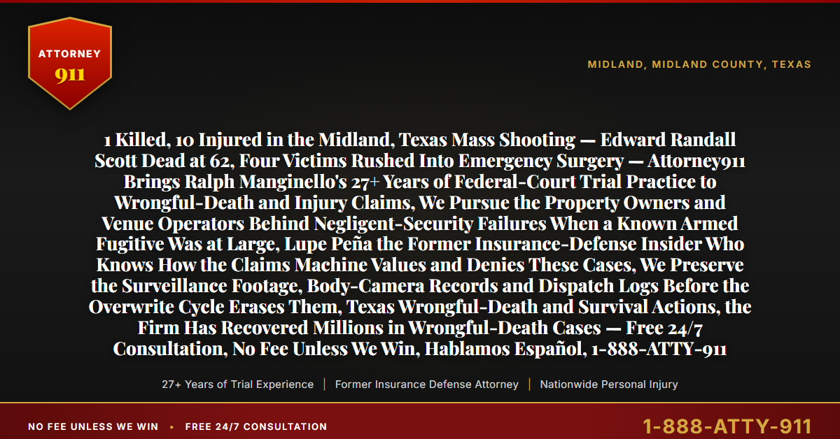 1 Killed, 10 Injured in the Midland, Texas Mass Shooting — Edward Randall Scott Dead at 62, Four Victims Rushed Into Emergency Surgery — Attorney911 Brings Ralph Manginello's 27+ Years of Federal-Court Trial Practice to Wrongful-Death and Injury Claims, We Pursue the Property Owners and Venue Operators Behind Negligent-Security Failures When a Known Armed Fugitive Was at Large, Lupe Peña the Former Insurance-Defense Insider Who Knows How the Claims Machine Values and Denies These Cases, We Preserve the Surveillance Footage, Body-Camera Records and Dispatch Logs Before the Overwrite Cycle Erases Them, Texas Wrongful-Death and Survival Actions, the Firm Has Recovered Millions in Wrongful-Death Cases — Free 24/7 Consultation, No Fee Unless We Win, Hablamos Español, 1-888-ATTY-911 - Attorney911