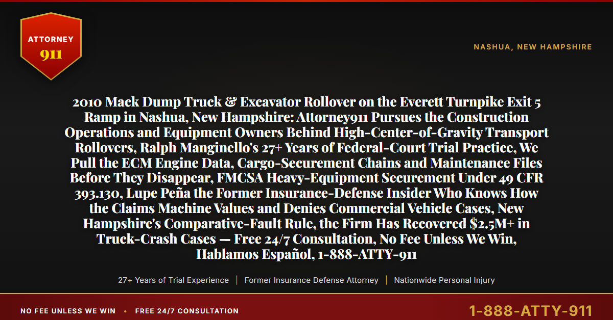 2010 Mack Dump Truck & Excavator Rollover on the Everett Turnpike Exit 5 Ramp in Nashua, New Hampshire: Attorney911 Pursues the Construction Operations and Equipment Owners Behind High-Center-of-Gravity Transport Rollovers, Ralph Manginello's 27+ Years of Federal-Court Trial Practice, We Pull the ECM Engine Data, Cargo-Securement Chains and Maintenance Files Before They Disappear, FMCSA Heavy-Equipment Securement Under 49 CFR 393.130, Lupe Peña the Former Insurance-Defense Insider Who Knows How the Claims Machine Values and Denies Commercial Vehicle Cases, New Hampshire's Comparative-Fault Rule, the Firm Has Recovered $2.5M+ in Truck-Crash Cases — Free 24/7 Consultation, No Fee Unless We Win, Hablamos Español, 1-888-ATTY-911 - Attorney911