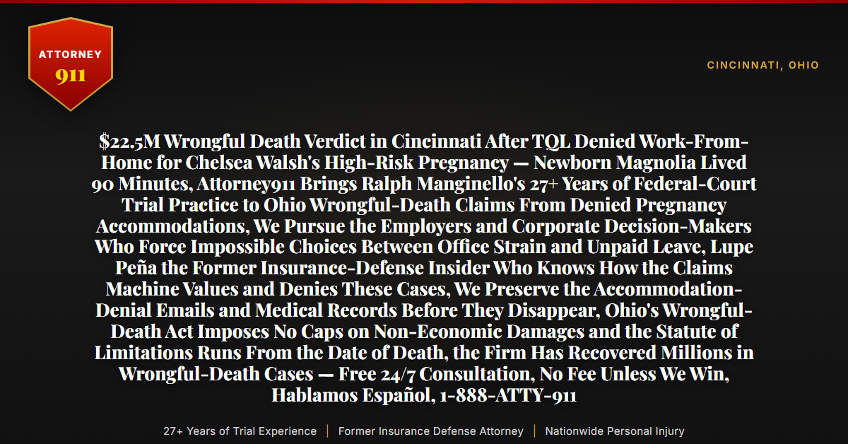 $22.5M Wrongful Death Verdict in Cincinnati After TQL Denied Work-From-Home for Chelsea Walsh's High-Risk Pregnancy — Newborn Magnolia Lived 90 Minutes, Attorney911 Brings Ralph Manginello's 27+ Years of Federal-Court Trial Practice to Ohio Wrongful-Death Claims From Denied Pregnancy Accommodations, We Pursue the Employers and Corporate Decision-Makers Who Force Impossible Choices Between Office Strain and Unpaid Leave, Lupe Peña the Former Insurance-Defense Insider Who Knows How the Claims Machine Values and Denies These Cases, We Preserve the Accommodation-Denial Emails and Medical Records Before They Disappear, Ohio's Wrongful-Death Act Imposes No Caps on Non-Economic Damages and the Statute of Limitations Runs From the Date of Death, the Firm Has Recovered Millions in Wrongful-Death Cases — Free 24/7 Consultation, No Fee Unless We Win, Hablamos Español, 1-888-ATTY-911 - Attorney911