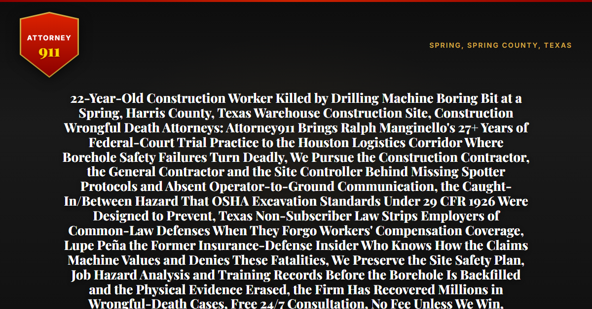 22-Year-Old Construction Worker Killed by Drilling Machine Boring Bit at a Spring, Harris County, Texas Warehouse Construction Site, Construction Wrongful Death Attorneys: Attorney911 Brings Ralph Manginello's 27+ Years of Federal-Court Trial Practice to the Houston Logistics Corridor Where Borehole Safety Failures Turn Deadly, We Pursue the Construction Contractor, the General Contractor and the Site Controller Behind Missing Spotter Protocols and Absent Operator-to-Ground Communication, the Caught-In/Between Hazard That OSHA Excavation Standards Under 29 CFR 1926 Were Designed to Prevent, Texas Non-Subscriber Law Strips Employers of Common-Law Defenses When They Forgo Workers' Compensation Coverage, Lupe Peña the Former Insurance-Defense Insider Who Knows How the Claims Machine Values and Denies These Fatalities, We Preserve the Site Safety Plan, Job Hazard Analysis and Training Records Before the Borehole Is Backfilled and the Physical Evidence Erased, the Firm Has Recovered Millions in Wrongful-Death Cases, Free 24/7 Consultation, No Fee Unless We Win, Hablamos Español, 1-888-ATTY-911 - Attorney911