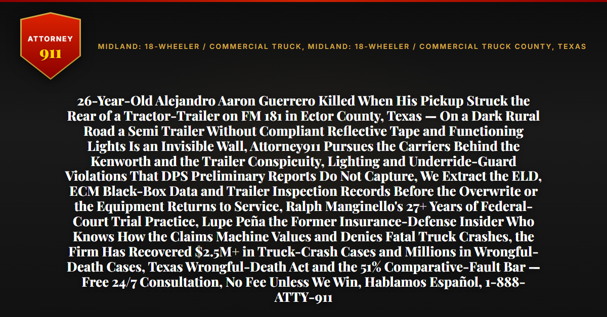 26-Year-Old Alejandro Aaron Guerrero Killed When His Pickup Struck the Rear of a Tractor-Trailer on FM 181 in Ector County, Texas — On a Dark Rural Road a Semi Trailer Without Compliant Reflective Tape and Functioning Lights Is an Invisible Wall, Attorney911 Pursues the Carriers Behind the Kenworth and the Trailer Conspicuity, Lighting and Underride-Guard Violations That DPS Preliminary Reports Do Not Capture, We Extract the ELD, ECM Black-Box Data and Trailer Inspection Records Before the Overwrite or the Equipment Returns to Service, Ralph Manginello's 27+ Years of Federal-Court Trial Practice, Lupe Peña the Former Insurance-Defense Insider Who Knows How the Claims Machine Values and Denies Fatal Truck Crashes, the Firm Has Recovered $2.5M+ in Truck-Crash Cases and Millions in Wrongful-Death Cases, Texas Wrongful-Death Act and the 51% Comparative-Fault Bar — Free 24/7 Consultation, No Fee Unless We Win, Hablamos Español, 1-888-ATTY-911 - Attorney911