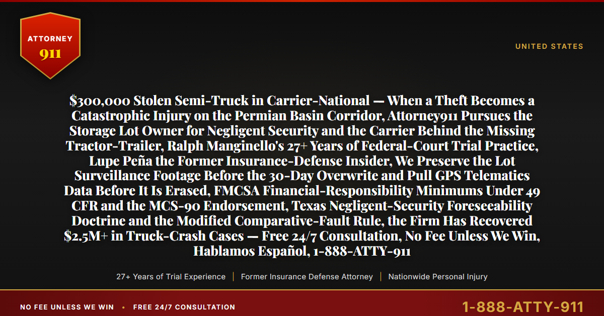 $300,000 Stolen Semi-Truck in Carrier-National — When a Theft Becomes a Catastrophic Injury on the Permian Basin Corridor, Attorney911 Pursues the Storage Lot Owner for Negligent Security and the Carrier Behind the Missing Tractor-Trailer, Ralph Manginello's 27+ Years of Federal-Court Trial Practice, Lupe Peña the Former Insurance-Defense Insider, We Preserve the Lot Surveillance Footage Before the 30-Day Overwrite and Pull GPS Telematics Data Before It Is Erased, FMCSA Financial-Responsibility Minimums Under 49 CFR and the MCS-90 Endorsement, Texas Negligent-Security Foreseeability Doctrine and the Modified Comparative-Fault Rule, the Firm Has Recovered $2.5M+ in Truck-Crash Cases — Free 24/7 Consultation, No Fee Unless We Win, Hablamos Español, 1-888-ATTY-911 - Attorney911