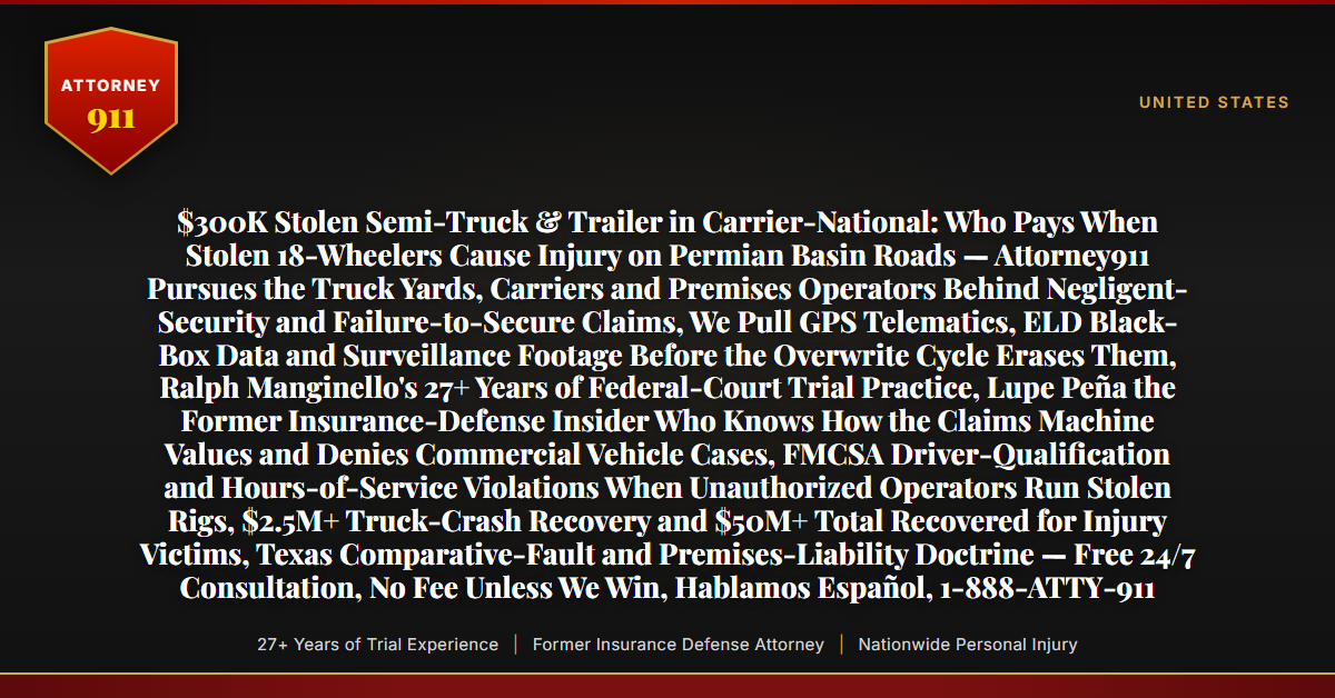 $300K Stolen Semi-Truck & Trailer in Carrier-National: Who Pays When Stolen 18-Wheelers Cause Injury on Permian Basin Roads — Attorney911 Pursues the Truck Yards, Carriers and Premises Operators Behind Negligent-Security and Failure-to-Secure Claims, We Pull GPS Telematics, ELD Black-Box Data and Surveillance Footage Before the Overwrite Cycle Erases Them, Ralph Manginello's 27+ Years of Federal-Court Trial Practice, Lupe Peña the Former Insurance-Defense Insider Who Knows How the Claims Machine Values and Denies Commercial Vehicle Cases, FMCSA Driver-Qualification and Hours-of-Service Violations When Unauthorized Operators Run Stolen Rigs, $2.5M+ Truck-Crash Recovery and $50M+ Total Recovered for Injury Victims, Texas Comparative-Fault and Premises-Liability Doctrine — Free 24/7 Consultation, No Fee Unless We Win, Hablamos Español, 1-888-ATTY-911 - Attorney911