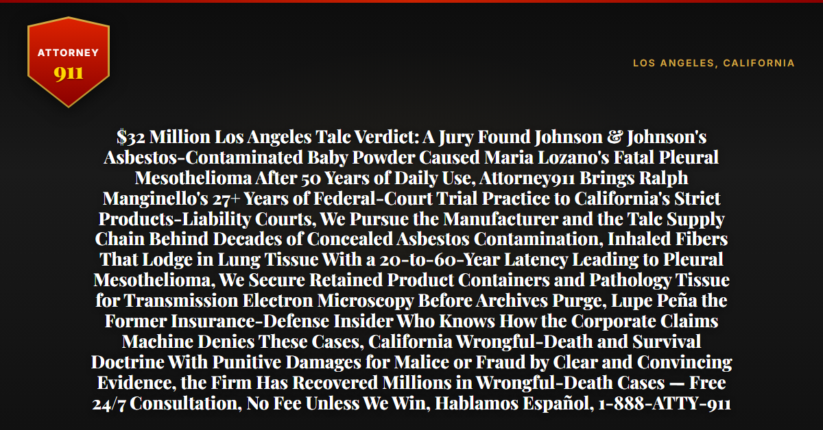 $32 Million Los Angeles Talc Verdict: A Jury Found Johnson & Johnson's Asbestos-Contaminated Baby Powder Caused Maria Lozano's Fatal Pleural Mesothelioma After 50 Years of Daily Use, Attorney911 Brings Ralph Manginello's 27+ Years of Federal-Court Trial Practice to California's Strict Products-Liability Courts, We Pursue the Manufacturer and the Talc Supply Chain Behind Decades of Concealed Asbestos Contamination, Inhaled Fibers That Lodge in Lung Tissue With a 20-to-60-Year Latency Leading to Pleural Mesothelioma, We Secure Retained Product Containers and Pathology Tissue for Transmission Electron Microscopy Before Archives Purge, Lupe Peña the Former Insurance-Defense Insider Who Knows How the Corporate Claims Machine Denies These Cases, California Wrongful-Death and Survival Doctrine With Punitive Damages for Malice or Fraud by Clear and Convincing Evidence, the Firm Has Recovered Millions in Wrongful-Death Cases — Free 24/7 Consultation, No Fee Unless We Win, Hablamos Español, 1-888-ATTY-911 - Attorney911